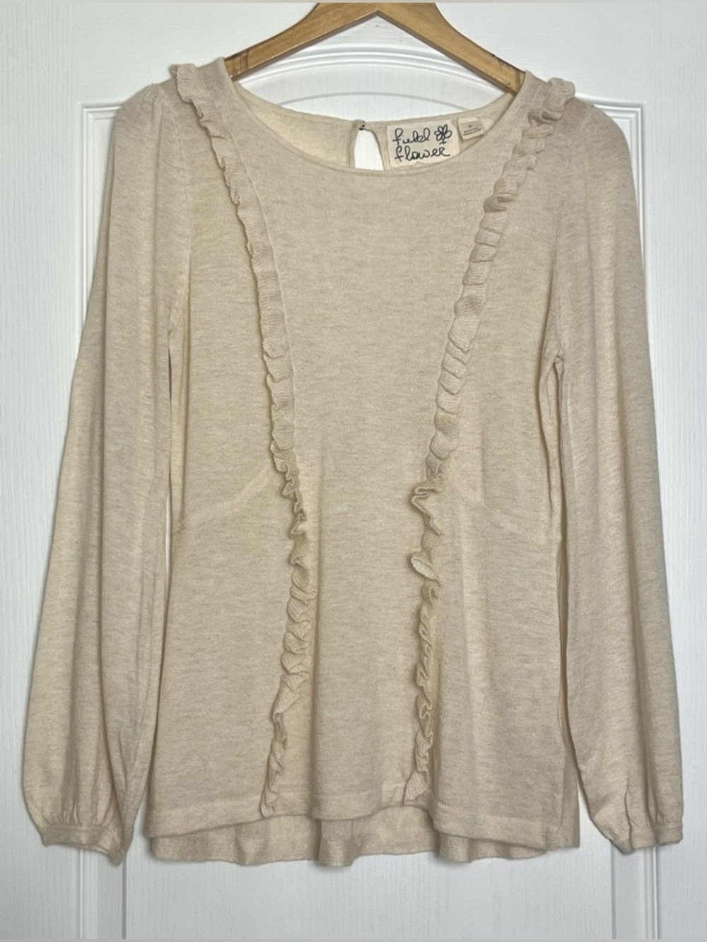 Anthropologie Field & Flower Cream Ruffle Knit Long Sleeve Top Size M Boho